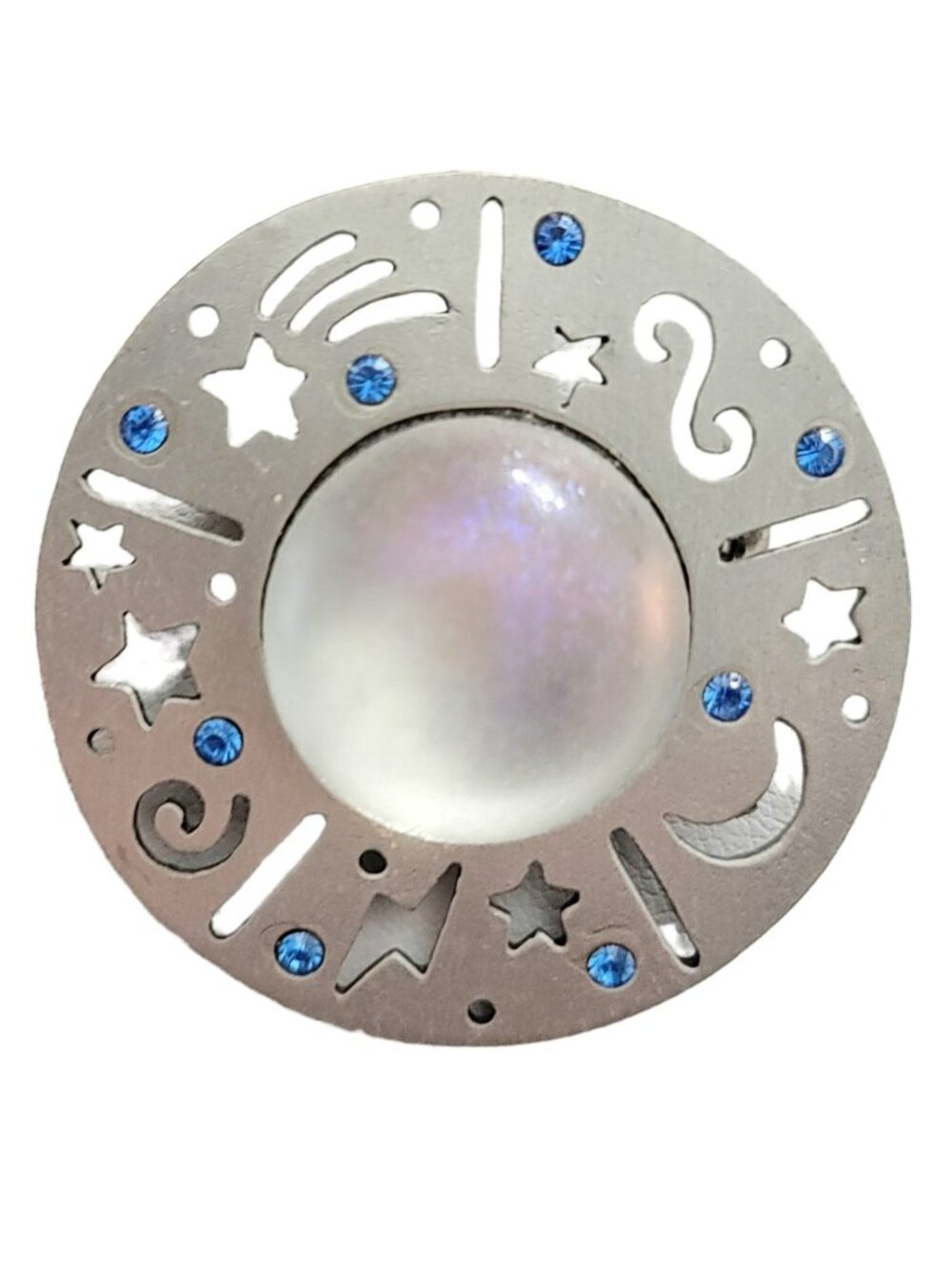 JJ Silver Tone Saturn Planet Frost White Lucite Center Star Moon Brooch, Signed